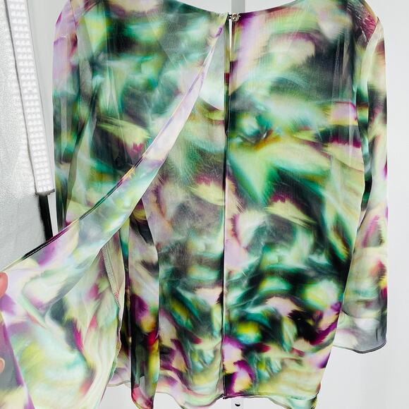 Jennifer Lopez Green Purple Psychedelic Print Layered Chiffon Bell Sleeve Top M - Picture 7 of 11